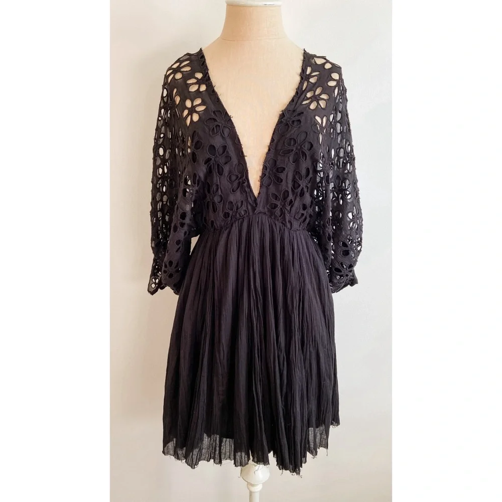 Free People Bella Notte Black Eyelet Mini Dress - Picture 7 of 16